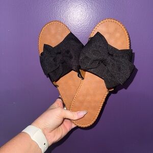 Black and Tan Sandals with Bow Detail